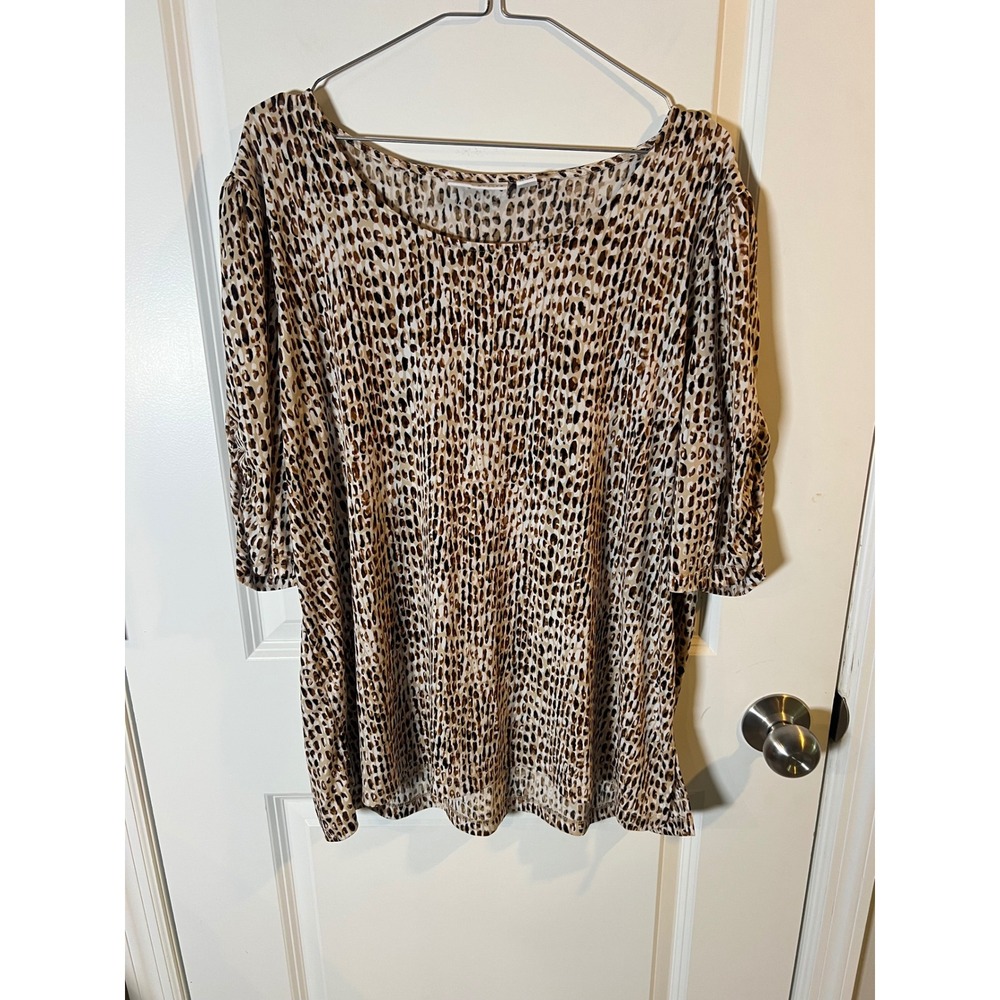 Susan Graver Womens Blouse Animal Print Brown XL